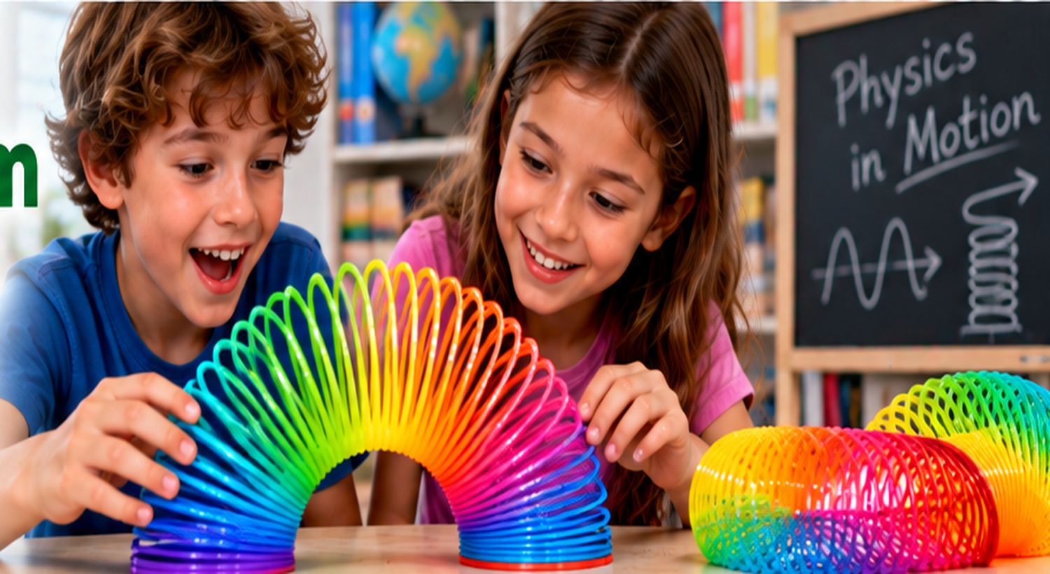 Children exploring physics with a colorful spring toy