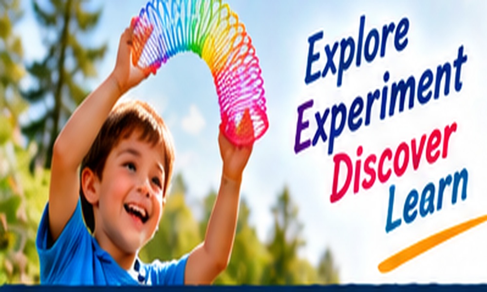 Child exploring outdoors with a colorful spring